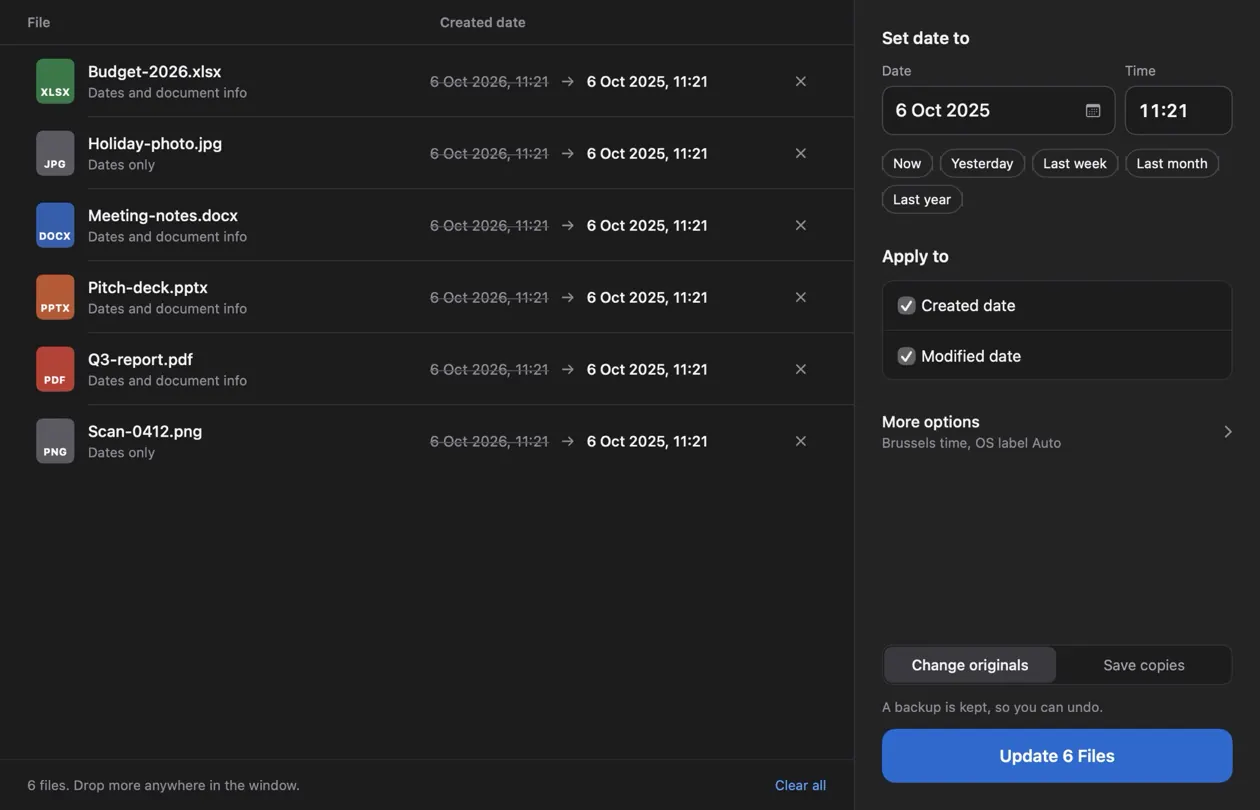 The Datemaster window: a list of files, each showing its old date crossed out and its new date, with the date settings on the right.